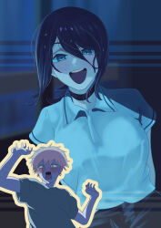  1boy 1girl absurdres arms_behind_back black_choker blonde_hair blurry blurry_background blush breasts chainsaw_man choker collared_shirt commentary_request denji_(chainsaw_man) furrowed_brow green_eyes grenade_pin grey_shirt hair_between_eyes hands_up hetero highres looking_at_another medium_breasts medium_hair open_mouth purple_hair reze_(chainsaw_man) ryonosuke_7 shirt short_hair smile t-shirt wet wet_hair white_shirt 