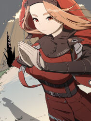  1girl breasts chest_harness commentary cowboy_shot day dress floating_hair forehead fuutasu0321 harness heaven_burns_red highres large_breasts long_hair maria_de_angelis nun orange_hair outdoors own_hands_together parted_bangs red_dress red_eyes red_veil shadow solo thick_eyebrows veil wind 