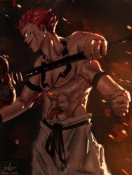  1boy abs arm_tattoo chest_tattoo commentary extra_arms extra_mouth facial_tattoo holding holding_weapon jujutsu_kaisen muscular muscular_male pectorals pink_hair ryoumen_sukuna_(jujutsu_kaisen) ryoumen_sukuna_(true_form)_(jujutsu_kaisen) short_hair solo sonderr_illust tattoo tongue tongue_out weapon 
