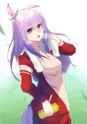  1girl absurdres animal_ears aqua_bow blush bottle bow breasts breath ear_bow ear_ribbon gym_shirt highres holding holding_bottle horse_ears horse_girl horse_tail jacket long_hair long_sleeves looking_at_viewer medium_breasts mejiro_mcqueen_(umamusume) niwaka_negi open_clothes open_jacket open_mouth pants purple_hair red_jacket red_pants red_track_suit shirt solo sweat tail towel towel_around_neck tracen_training_uniform track_jacket track_pants track_suit umamusume violet_eyes white_shirt 