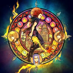  1girl 3boys art_nouveau axel_(kingdom_hearts) black_boots black_hair black_jacket black_pants black_robe blonde_hair blue_eyes blue_hair boots clock clock_tower closed_eyes closed_mouth commentary cross_scar english_commentary fire floating full_body hair_between_eyes hair_slicked_back highres holding holding_weapon hollypolllyy hood hood_down hooded_jacket hooded_robe ice_cream_bar jacket keyblade kingdom_hearts kingdom_hearts_358/2_days light_smile male_focus medium_hair multiple_boys nomura_tetsuya_(style) pants red_hair robe roxas saix scar scar_on_face scar_on_forehead sideburns spiky_hair stained_glass tower twitter_username weapon xion_(kingdom_hearts) 