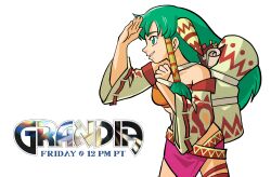  1girl bag belt copyright_logo crop_top feena_(grandia) grandia grandia_i green_eyes green_hair hair_ornament hair_tubes highres holding holding_bag logo long_hair looking_ahead off-shoulder_shirt off_shoulder orange_shirt pink_skirt red_thighhighs ribbon-trimmed_sleeves ribbon_trim shading_eyes shirt simple_background skirt smile solo thigh-highs tristialacria upper_body white_background white_sleeves 