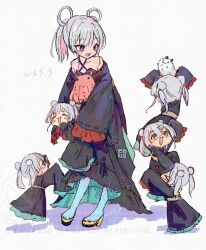  6+girls :3 black_kimono cho_kaguya-hime! closed_eyes colored_inner_hair commentary double_bun fushi_(cho_kaguya-hime!) hair_bun hair_rings japanese_clothes kimono long_sleeves medium_hair mini_person multicolored_hair multiple_girls multiple_persona off_shoulder open_mouth pink_hair runami_yachiyo runami_yachiyo_(chibi) runami_yachiyo_(mini) runami_yachiyo_(tsukuyomi) simple_background sleeves_past_fingers sleeves_past_wrists white_background white_hair wss_(nicoseiga19993411) 