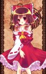  bare_shoulders blush bow brown_hair detached_sleeves dress hair_bow hair_tubes hakurei_reimu highres long_sleeves miko momomiya_mion open_mouth red_dress red_eyes solo touhou 