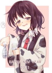  1girl 2021 ? animal_print asymmetrical_sidelocks black_skirt blush bow brown_eyes brown_hair choko_(cup) collared_shirt commentary_request cow_print cowboy_shot cup drooling drunk hair_bow happy_new_year highres holding holding_cup japanese_clothes kimono mouth_drool necktie red_necktie shirt sidelocks skirt solo speech_bubble takahashi_kouta tokkuri touhou usami_renko white_shirt wide_sleeves yukata 