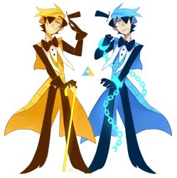  2boys bill_cipher blonde_hair bow bowtie cane chain coat commentary cuffs dual_persona eyepatch frown full_body gloves gravity_falls grin happy hat highres holding holding_cane imposter_bill_cipher itsscaredycat male_focus multicolored_hair multiple_boys personification reverse_falls_(gravity_falls) sad shackles short_hair slit_pupils smile standing tears top_hat two-tone_hair untranslatable_commentary will_cipher 
