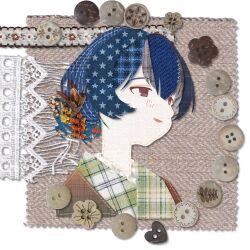  1girl blue_eyes brown_eyes character_request collage copyright_request hair_ornament highres japanese_clothes kimono leaf_hair_ornament parted_lips short_hair smile solo tokiwasora unconventional_media upper_body 