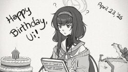  ? absurdres birthday birthday_cake blue_archive book box cake candle cardigan clock_halo commentary confused dated english_commentary food gift gift_box gimp_(medium) greyscale halo happy_birthday highres holding holding_book jewelry jitome long_hair monochrome off_shoulder pendant pun sailor_collar school_uniform self-upload sly-mk3 sweater turtleneck turtleneck_sweater ui_(blue_archive) 