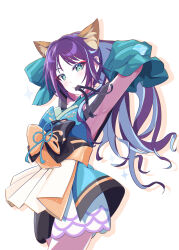  1girl absurdres animal_ears armpits blue_hair cho_kaguya-hime! colored_inner_hair commentary_request detached_sleeves fox_ears fox_girl green_eyes highres long_hair looking_at_viewer mouth_hold multicolored_hair ponytail purple_hair ribbon ribbon_in_mouth sakayori_iroha sakayori_iroha_(fanatic_omatsuri_girl) sakayori_iroha_(tsukuyomi) simple_background solo uonun_illust white_background 