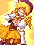  asaruto_hyou beret blonde_hair blush bow corset dress drill_hair fingerless_gloves gloves hat long_hair magical_girl mahou_shoujo_madoka_magica puffy_sleeves ribbon smile solo thigh-highs thighhighs tomoe_mami twintails vertical-striped_legwear vertical_stripes yellow_eyes 