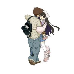  1boy 1girl alternate_costume backpack bag black_hair brown_hair commentary couple dancing hero_(faraway)_(omori) hero_(omori) highres mari_(faraway)_(omori) mari_(omori) official_alternate_costume omori pants sinigiwa7ks stuffed_animal stuffed_toy 