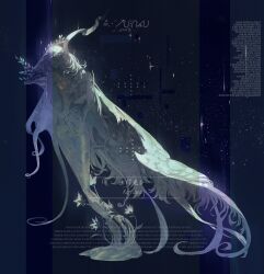 1girl avcg3542 backwards_text bird blindfold commentary_request commission dryad english_text fantasy feathered_wings flower glowing glowing_veins highres leaf long_hair moonlight original plant sky star_(sky) starry_sky tree very_long_hair watermark wings 