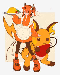  a.i._voice adachi_rei apron black_pantyhose food highres jersey_maid ketchup_bottle maid medium_hair omelet omurice orange_eyes orange_hair orange_shoes orange_track_suit pantyhose pokemon pokemon_(creature) raichu s1ho_(ukiy0u0) shoes side_ponytail track_suit unconventional_maid 