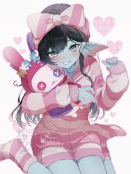  1girl aqua_skin black_hair bow bow_hairband buttons colored_skin commentary_request dragon_quest dragon_quest_x fins fish_girl grey_eyes grin hairband head_fins heart highres holding holding_stuffed_toy hood hoodie long_hair looking_at_viewer monster_girl nail_bow nico_(nikon) nikon_(user_aznh7528) pink_bow pink_hairband pink_hoodie pink_nails pink_shorts pink_socks shorts sitting smile socks solo striped_clothes striped_hairband striped_hoodie striped_shorts striped_socks stuffed_animal stuffed_rabbit stuffed_toy wariza weddie_(dq10) white_background white_bow white_hairband white_hoodie white_shorts white_socks 