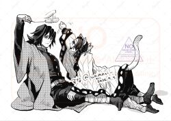  1boy 1girl animal_ears belt breasts butterfly_hair_ornament cat_ears cat_girl cat_tail cat_teaser closed_mouth dated demon_slayer_uniform from_side full_body greyscale hair_ornament haori highres holding holding_cat_teaser japanese_clothes kemonomimi_mode kimetsu_no_yaiba kochou_shinobu long_hair long_sleeves looking_at_another miku_namu monochrome open_mouth print_haori short_hair simple_background sitting small_breasts socks tabi tail tomioka_giyuu watermark white_background 