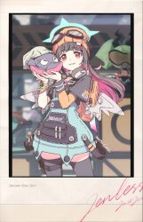  1girl angel_wings aqua_halo artist_name backpack bag black_hair blunt_bangs bracelet commentary_request cosplay english_text eyewear_on_head hair_ornament hairclip halo hat headphones headphones_around_neck highres holding holding_stuffed_toy jewelry long_hair looking_at_viewer mochiflex01 multicolored_hair nangong_yu octopus_plushie orange_hat pale_skin pink_eyes pink_hair short_sleeves smile stuffed_toy susie_(zenless_zone_zero) teeth thigh-highs white_wings wings zenless_zone_zero 