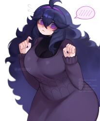  1girl @_@ absurdres akydoodlz big_hair breasts commentary dress hairband hex_maniac_(pokemon) hex_maniac_(pokemon_xy) highres large_breasts leaning_forward long_hair messy_hair nervous nervous_sweating open_mouth pokemon pokemon_x_and_y purple_dress purple_hair purple_hairband purple_nails standing sweat very_long_hair violet_eyes 