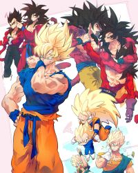  black_hair blue_eyes blue_sash closed_mouth dougi dragon_ball dragon_ball_gt dragon_ball_heroes earrings gloves gogeta gotenks highres jewelry long_hair male_focus monkey_boy monkey_tail multiple_boys multiple_persona muscular muscular_male ommmyoh open_mouth pants potara_earrings red_fur saiyan sash smile son_goku son_goku_(xeno) spiky_hair super_saiyan super_saiyan_1 super_saiyan_3 super_saiyan_4 tail time_patrol_(dragon_ball) twitter_username vegeta vegeta_(xeno) vegetto yellow_pants 