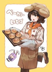  2girls :3 :d alternate_costume alternate_hairstyle animal_ears animal_hat apron ascot black_hair black_shoes blazer blush border bread brown_apron buttons carrot_pin chef chibi closed_eyes closed_mouth commentary_request cowboy_shot dot_nose double-breasted eating food hair_between_eyes happy_aura hat highres holding holding_food holding_pan inaba_tewi jacket leg_up long_hair looking_at_viewer multiple_girls nio_(meple_nio) open_mouth orange_ascot orange_eyes outside_border oven_mitts pocket purple_hair rabbit_ears rabbit_girl reisen_udongein_inaba shirt shoes short_hair skirt smile standing standing_on_one_leg steam striped_apron striped_clothes touhou translation_request vertical-striped_apron vertical-striped_clothes wavy_mouth white_background white_shirt yellow_border 