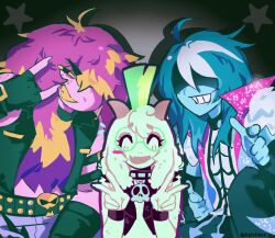  1boy 1girl 1other animal_ears blue_skin blush_stickers colored_skin colored_teeth commentary deltarune dinosaur_girl english_commentary goat_boy goat_ears goat_horns green-framed_eyewear highres horns kris_(dark_world)_(deltarune) kris_(deltarune) kris_(lightners_live)_(deltarune) kylstinee mohawk ralsei ralsei_(lightners_live) reptile_girl skull_collar sparkling_clothes susie_(dark_world)_(deltarune) susie_(deltarune) susie_(lightners_live)_(deltarune) the_fun_gang utdr_(toby_fox) yellow_teeth 