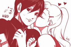  1boy 1girl birthday black_eyes black_hair black_jacket blush boruto:_naruto_next_generations boruto_(series) closed_eyes closed_mouth couple english_text gift hair_ornament hair_over_one_eye hair_ribbon hairclip happy_birthday heart jacket kiss kissing_cheek light_smile looking_at_viewer naruto_(series) ponytail ribbon sai_(naruto) shirt sleeveless sleeveless_shirt smile yamanaka_ino ysue-chan 