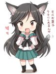  a_channel animal_ears black_hair black_legwear blush brown_eyes cat_ears cat_tail chibi hand_to_mouth inaho kemonomimi_mode kneehighs long_hair looking_at_viewer nishi_yuuko open_clothes open_shirt school_uniform shirt simple_background solo tail translated translation_request white_background yuuko_(a_channel) 