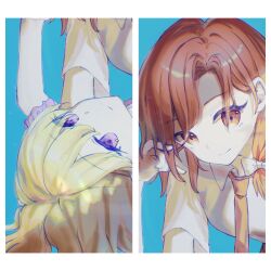  2girls absurdres asymmetrical_hair black_skirt blonde_hair bow brown_eyes brown_hair collared_shirt commentary_request dress hair_bow hand_in_another's_hair highres ika_(ikachan_334) maribel_hearn multiple_girls multiple_views necktie purple_dress red_necktie rotational_symmetry shirt short_sleeves skirt smile touhou usami_renko violet_eyes white_bow white_shirt yukadon yuri 
