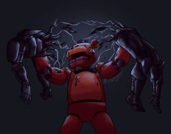  2boys adam_smasher animal_ears animatronic artist_name bear_boy bear_ears bionic black_background bow cyber_grim cyberpunk:_edgerunners cyberpunk:_edgerunners_1 cyberpunk_(series) cyborg death dismemberment electricity five_nights_at_freddy's freddy_fazbear hat highres mechanical_hands mechanical_neck mini_hat mini_top_hat multiple_boys open_mouth parody petroleum robot scene_reference simple_background top_hat transformers transformers_one twitter_username 