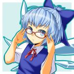  adjusting_glasses bespectacled blue_eyes blue_hair bow cirno dress face glasses hair_bow hands highres short_hair solo touhou wabi_(wbsk) wabi_tsubaki wings 