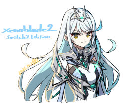  armpit_crease armpit_cutout breasts chest_jewel clothing_cutout core_crystal_(xenoblade) earrings grey_hair headpiece jewelry long_hair mythra_(switch_2)_(xenoblade) mythra_(xenoblade) official_alternate_color official_alternate_costume official_alternate_hair_color official_art saitou_masatsugu silver_tiara smile solo tiara xenoblade_chronicles_(series) xenoblade_chronicles_2 yellow_eyes 