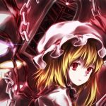  blonde_hair chain chains crystal face flandre_scarlet glowing glowing_eyes hat minust night night_sky pink_eyes red_eyes short_hair sky slit_pupils solo touhou wings 