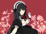  black_eyes blush bow breasts cleavage collar corset dress flower gloves gothic_lolita grey_eyes headdress kurono_yuu large_breasts lolita_fashion lolita_hairband lolita_headband long_hair looking_at_viewer maid maid_headdress original red_rose rose short_sleeves sitting smile solo wrist_cuffs 