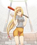  1girl baseball_bat blonde_hair cccpo copyright_request hairband long_hair smile softball solo thigh_gap very_long_hair yellow_eyes 