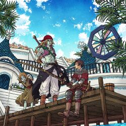  1girl 2boys abs armor baggy_pants bandana bare_shoulders belt belt_buckle black_belt blonde_hair blue_sky boots brown_boots brown_dress brown_gloves brown_hair buckle chainmail cropped_vest dock dragon_quest dragon_quest_x dress fins fish_boy fish_girl fishing fishing_rod full_body gloves hair_between_eyes hand_on_own_hip head_fins hero_(dq10) highres holding holding_fishing_rod hyuuza_(dq10) knee_pads leaning_forward long_hair multiple_boys open_mouth outdoors pants purple_vest red_bandana red_tunic sash short_hair sitting sky smile somya_(dq10) standing sword toriga tunic vest waist_sash weapon white_pants 