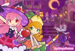  2boys 3girls alternate_costume andou_ringo andou_ringo_(kitty) androgynous animal animal_costume animal_ear_fluff animal_ear_hairband animal_ears arm_up ascot bag basket bell belt black_boots black_gloves black_hair black_hairband black_hat black_vest boots bow bowtie box broom building candy cat cat_boy cat_costume cat_ear_hairband cat_ears cat_tail chocolate closed_mouth commentary_request crescent_moon curled_horns elbow_carry facial_mark fake_animal_ears fake_tail food furry furry_male gloves green_gloves grey_hair grin hair_ornament hairband halloween halloween_costume hands_up hat hat_belt heart heart-shaped_chocolate heart-shaped_food heart_hair_ornament heart_print holding holding_bag holding_basket holding_broom horns isin_(puyopuyo) isin_(ver._hw)_(puyopuyo) jack-o'-lantern jingle_bell liz_(magical)_(puyopuyo) liz_(puyopuyo) long_hair looking_at_viewer melville_(puyopuyo) mini_hat mini_witch_hat moon multicolored_hair multiple_boys multiple_girls neck_bell nia_(magical)_(puyopuyo) nia_(puyopuyo) night official_alternate_costume official_style open_mouth orange_hair orange_shorts outdoors pants paw_pose pimyuhuwa pink_hair print_headwear puffy_pants puffy_sleeves purple_bow purple_bowtie purple_hair purple_hat purple_pants purple_shirt purple_thighhighs puyopuyo puyopuyo_quest red_belt red_eyes red_gloves red_horns red_skirt shirt shorts single_paw_glove skirt sleeveless sleeveless_shirt smile standing standing_on_one_leg star_(symbol) striped_clothes striped_pants striped_thighhighs tail thigh-highs town transparent_bag twitter_username two-sided_fabric two-sided_headwear two-tone_hair vertical-striped_clothes vertical-striped_pants very_long_hair vest white_ascot white_shirt witch_hat 