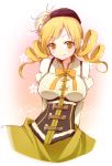  arms_behind_back bad_id blonde_hair buckle corset drill_hair hat hattori_(junoct2000) highres magical_girl mahou_shoujo_madoka_magica smile solo tomoe_mami twin_drills twintails yellow_eyes 