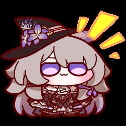  1girl :3 animated animated_gif bottled_stardust chibi chibi_only flower hair_ornament hat hat_ornament herta_(honkai:_star_rail) honkai:_star_rail honkai_(series) lowres non-web_source the_herta_(honkai:_star_rail) violet_eyes witch_hat 