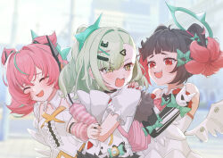  3girls absurdres angels_of_delusion aqua_streaks aria_(human)_(zenless_zone_zero) aria_(zenless_zone_zero) arm_warmers asymmetrical_bangs bandaid bandaid_hair_ornament black_hair blue_eyes blush bow closed_eyes collared_shirt colored_inner_hair commentary_request dress green_bow guruguru_mobbu hair_ornament hairclip highres jewelry looking_at_another multicolored_hair multiple_girls multiple_hairclips nangong_yu open_mouth pink_arm_warmers pink_hair red_eyes shirt smile streaked_hair striped_arm_warmers sunna_(zenless_zone_zero) upper_body white_dress white_shirt zenless_zone_zero 