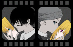  1boy 1girl amamiya_gorou back-to-back beanie black-framed_eyewear black_hair blonde_hair blue_eyes bow bowtie character_mask closed_mouth collared_shirt commentary expressionless eyes_visible_through_hair film_grain film_strip from_side frown glasses grey_bow grey_bowtie grey_eyes grey_hat hair_between_eyes hand_up hat heart heart_print highres holding holding_mask hoshino_aquamarine hoshino_ruby inesia long_hair looking_ahead looking_at_viewer mask oshi_no_ko pink_eyes portrait print_hat profile rectangular_eyewear semi-rimless_eyewear shirt short_hair sideways_glance simple_background tendouji_sarina tsurime white_shirt 