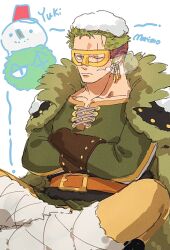  1boy belt belt_buckle breath brown_gloves buckle cape closed_mouth collarbone commentary_request crossed_arms earrings eye_mask feet_out_of_frame fur_cape gloves green_cape green_hair green_shirt highres indian_style jewelry komucom03 leg_warmers male_focus mask official_alternate_costume one_eye_closed one_piece roronoa_zoro scar scar_across_eye scar_on_face shirt short_hair sitting snow snow_on_head solo 