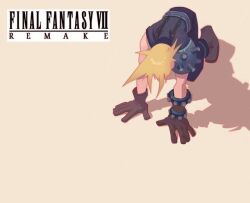  1boy all_fours armor belt black_pants black_shirt blonde_hair boots brown_boots brown_gloves cloud_strife copyright_name final_fantasy final_fantasy_vii final_fantasy_vii_remake full_body gloves head_down male_focus pants pauldrons shirt short_hair shoulder_armor single_bare_shoulder single_pauldron sleeveless sleeveless_turtleneck solo spiky_hair suspenders turtleneck vitaliy_shushko yellow_background 