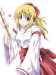  :p charlotte_dunois gohei hair_ribbon heart infinite_stratos japanese_clothes miko mister_(black_and_white) purple_eyes ribbon solo tongue violet_eyes 