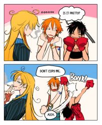  ... 1boy 2girls barbell_piercing black_hair black_jacket black_tube_top blonde_hair blue_eyes blue_shirt bonk bracelet cigarette collarbone commentary curly_eyebrows ear_piercing earrings english_text genderswap genderswap_(ftm) genderswap_(mtf) gloves gold_bangle highres imitating industrial_piercing jacket jewelry ki2ri5 log_pose long_hair long_sleeves luffyko messy_hair monkey_d._luffy motion_lines multiple_girls nami_(one_piece) one_piece open_mouth orange_hair piercing pose_imitation punching red_gloves ribbed_jacket ribbed_shirt sanji_(one_piece) scar scar_on_cheek scar_on_face shirt short_hair shoulder_tattoo smile speech_bubble strapless stud_earrings suit_jacket sweatdrop t-shirt tattoo tube_top white_shirt 