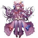  book bow crescent dress floating grin hair_bow hat highres kansou_samehada kei_t_sr long_hair open_mouth pants patchouli_knowledge purple_eyes purple_hair smile solo sparkle touhou violet_eyes 