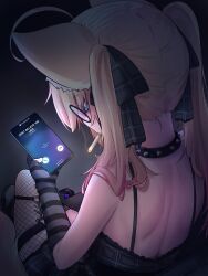  absurdres ahoge animal_ears back black_dress blonde_hair blue_eyes cat_ears cat_girl cigarette collar commentary dress english_commentary glasses gradient_hair highres holding holding_phone indie_virtual_youtuber long_hair minikomew multicolored_hair phone pink_hair ritspi single_fishnet_legwear spiked_collar spikes striped_sleeves twintails virtual_youtuber 