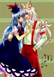  bad_id blue_hair bow dress fujiwara_no_mokou hair_bow hand_in_pocket hand_on_another's_chest hand_on_chest hand_on_hip hat hips kamishirasawa_keine long_hair looking_at_viewer multiple_girls naiya pants silver_hair striped striped_background suspenders touhou 