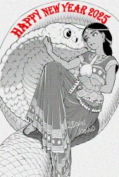  1girl 2025 absurdres animal black_hair bracelet chinese_zodiac commentary dark-skinned_female dark_skin feet flute greyscale happy_new_year highres holding holding_flute holding_instrument instrument jewelry long_hair masutatsu_novuo monochrome new_year original pungi short_sleeves snake snake_charmer toes year_of_the_snake 