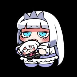  2girls :< animated animated_gif blue_eyes blunt_bangs blush chibi chibi_only closed_mouth commentary_request full_body isshiki_chaos isshiki_clear licking long_hair looking_at_viewer mahjong_fight_girl multiple_girls purple_skirt shirt simple_background skirt smile tonchamon_san tongue tongue_out transparent_background white_hair white_shirt 