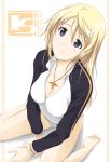  blonde_hair breasts charlotte_dunois cleavage eviryun face foreshortening from_above highres infinite_stratos jewelry no_pants panties pendant purple_eyes sitting smile solo underwear violet_eyes wariza 