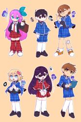  4girls 6+boys alternate_costume alternate_eye_color antenna_hair aubrey_(faraway)_(omori) aubrey_(headspace)_(omori) aubrey_(omori) bad_id bad_twitter_id bandaid bandaid_on_knee bandaid_on_leg baseball_bat basil_(faraway)_(omori) basil_(headspace)_(omori) basil_(omori) black_eyes black_hair black_shoes black_tank_top blonde_hair blue_eyes blue_hairband blue_shirt blue_shorts briefcase bright_pupils brown_background brown_eyes brown_hair checkered_clothes clipboard closed_mouth collared_shirt colored_skin commentary_request double-parted_bangs flower flower_wreath green_eyes green_hair grin hair_behind_ear hair_between_eyes hair_flower hair_ornament hairband head_wreath hero_(faraway)_(omori) hero_(headspace)_(omori) hero_(omori) highres holding holding_baseball_bat holding_knife kel_(faraway)_(omori) kel_(headspace)_(omori) kel_(omori) kneehighs knife korean_commentary leg_warmers long_hair long_shirt long_sleeves looking_at_viewer mari_(faraway)_(omori) mari_(headspace)_(omori) mari_(omori) mini_person miniboy minigirl morivivi3 multiple_boys multiple_girls necktie omori omori_(omori) one_eye_closed open_mouth own_hands_clasped own_hands_together pleated_skirt purple_hair purple_shorts red_leg_warmers red_necktie red_skirt school_briefcase shirt shoes short_hair short_sleeves shorts sidelocks simple_background skirt smile socks something_(omori) spoilers sunny_(omori) t-shirt tank_top teeth unmoving_pattern very_long_hair violet_eyes white_pupils white_shirt white_skin white_socks 